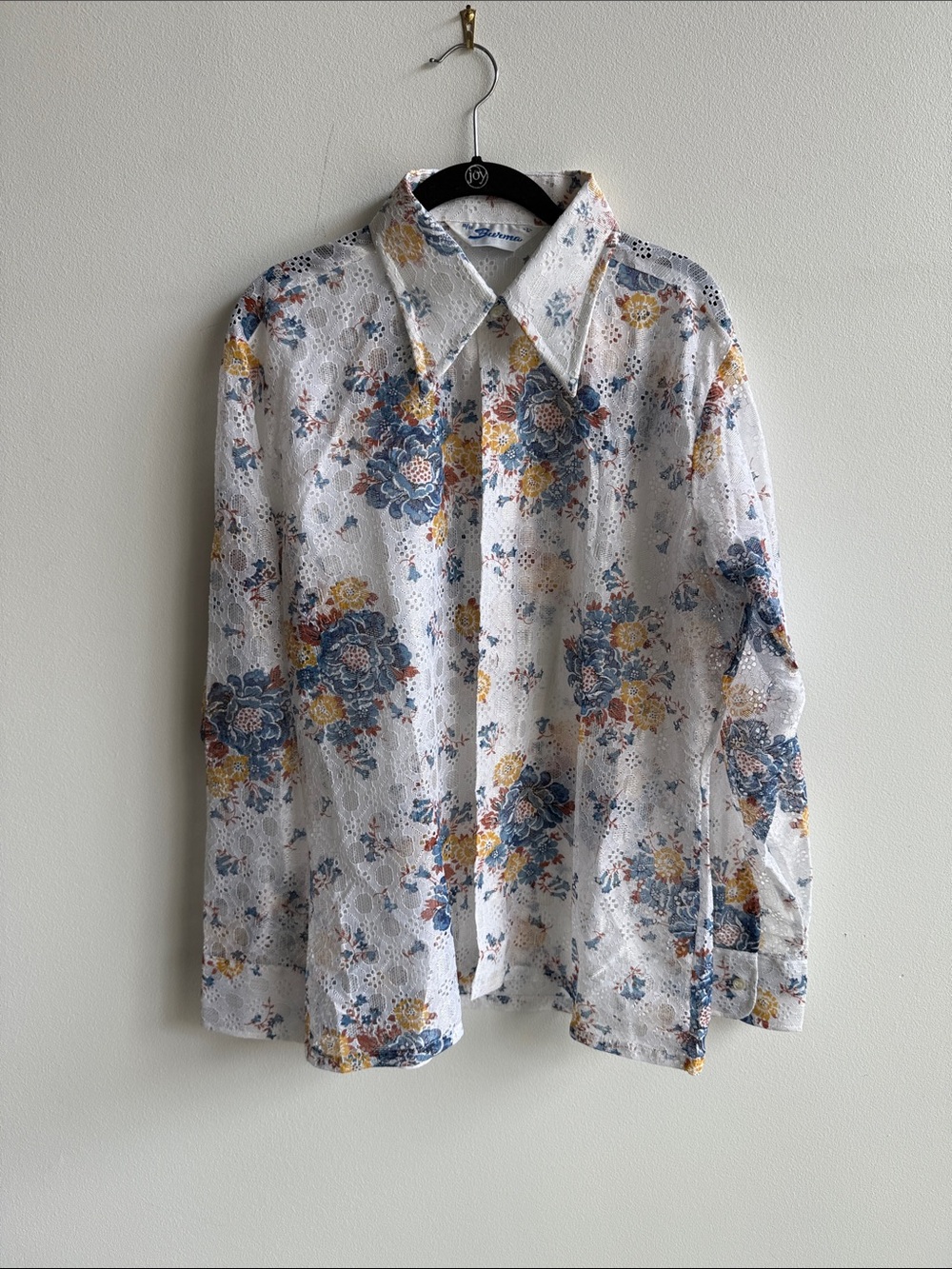 White Floral Lace-Effect Button-Down Shirt with Blue and Mustard Blooms